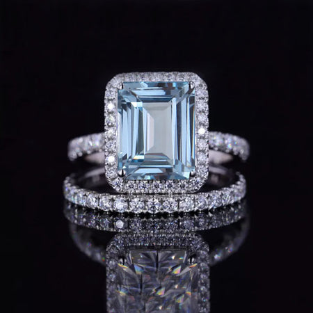 3Ct Aquamarine Engagement Ring Halo Emerald Step Cut Moissanite Engagement Ring, 9x7mm Emerald Cut Aquamarine Engagement Ring with Eternity Band