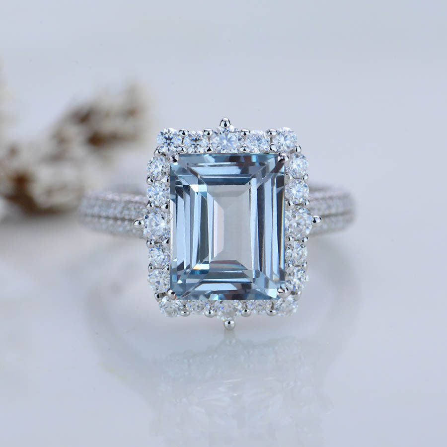 4ct Genuine Aquamarine Engagement Ring Halo Emerald Step Cut Aquamarin 