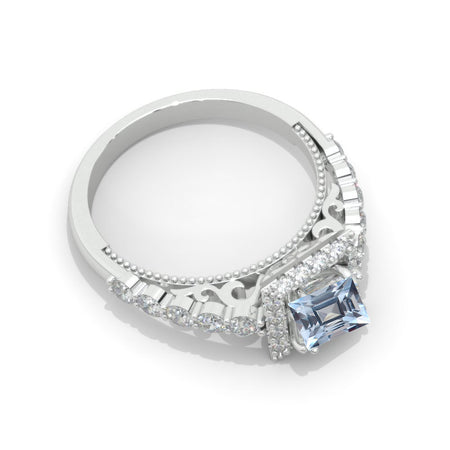 Princess Cut Genuine Aquamarine Halo Engagement Ring