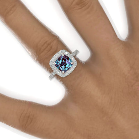 2.5 Carat Cushion Alexandrite Halo Engagement Ring. Victorian 14K White Gold Ring