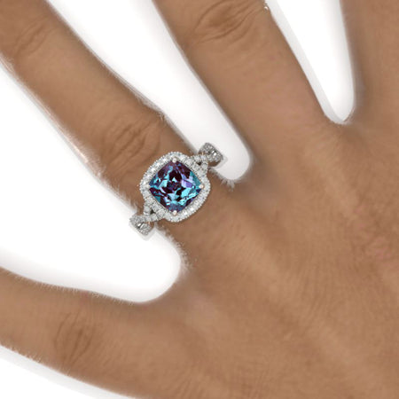 3 Carat Cushion Cut Vintage Style Halo Alexandrite White Gold Engagement Ring