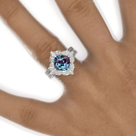 3 Carat Cushion Alexandrite Halo 14K White Gold Engagement Ring, Eternity Ring Set