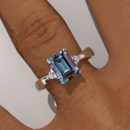 3 Carat Alexandrite Emerald Cut Engagement Gold Ring.