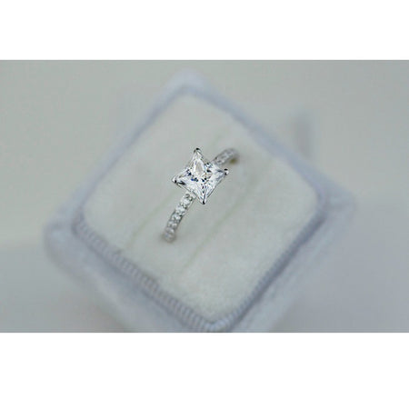 1.25Ct Moissanite Engagement Ring, Solitaire Princess Cut Moissanite Engagement Ring, Diamond Pave Accents Stones