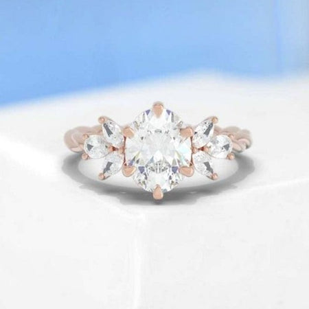 2 Carat Oval Moissanite Vintage Engagement Rose Gold Ring, Vintage Marquise Cut Rose Gold Ring, 2ct Oval Rope Shank Ring