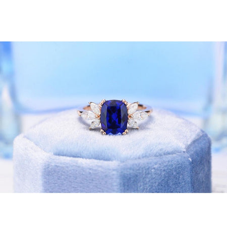 2Ct Cushion Cut Sapphire Vintage Engagement Ring, Cushion Sapphire Engagement Ring, Marquise Side Accents Stones 14K Rose Gold Ring