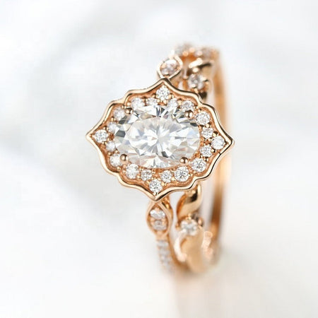 Vintage Oval Shaped Moissanite Engagement Ring 14K Flower Rose Gold Ring Set for Women. Vintage Oval Halo Gold Ring Set