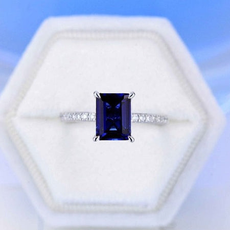 3Ct Sapphire Engagement Ring, Solitaire Emerald Cut Royal Blue Sapphire Engagement Ring, Moissanite Pave Accents Stones Hidden Halo