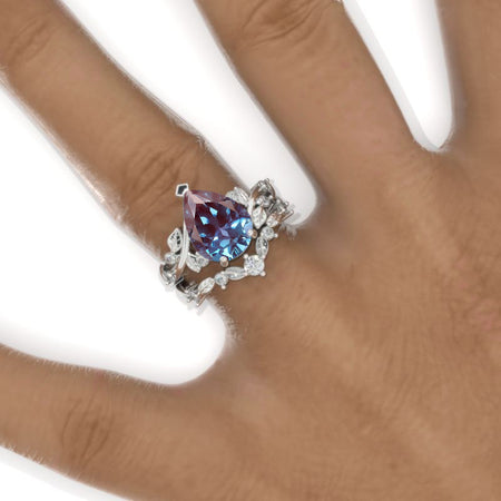 3 Carat Pear Alexandrite Halo Floral Engagement Ring 14K White Gold Ring Set