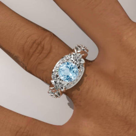 1.5 Carat Genuine Aquamarine Gold Floral Engagement Ring