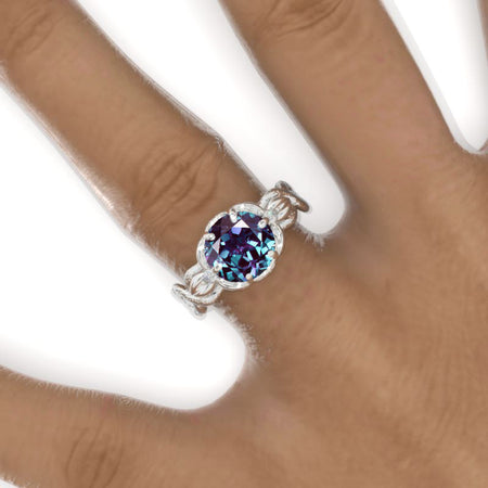 2 Carat Round Alexandrite Floral Twig Shank Engagement Ring