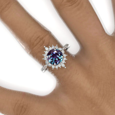 2 Carat Round Alexandrite Floral Halo Shank Engagement Ring