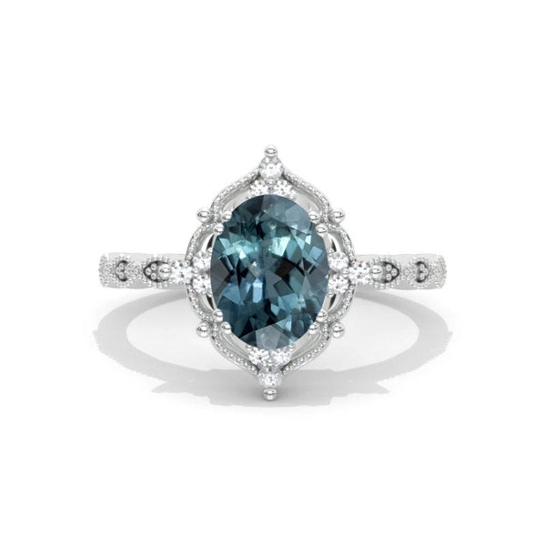 2 Carat Oval Teal sapphire Halo Vintage Engagement Ring - Giliarto