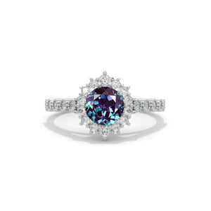 14K White Gold 1 Carat Round  Alexandrite Halo Engagement Ring